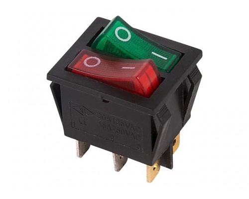 Выключатель клавишный 250V 15А (6с) ON-OFF красный/зеленый с подсветкой ДВОЙНОЙ (RWB-511) REXANT в Мозыре