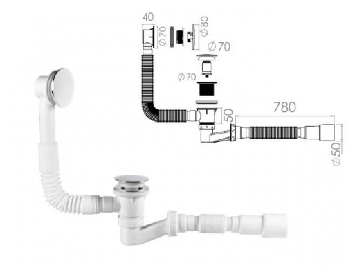 Сифон для ванны click/clack, с гибкой трубой 1 1/2" - 40/50мм, NOVA в Мозыре