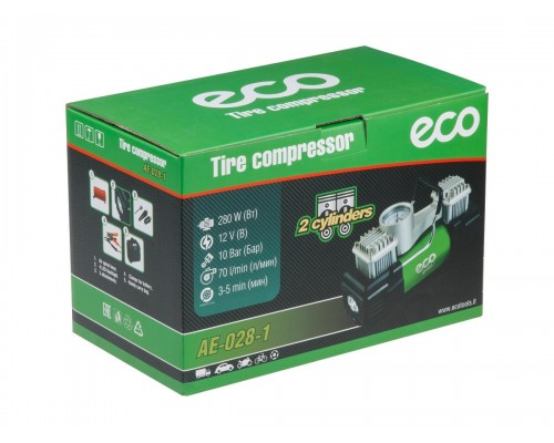 Компрессор автомобильный ECO AE-028-1 (70л/мин, 10bar, 280Вт, 12В) (12В, 280Вт, 10bar, 70л/мин, 2 цилиндра, фонарь, сумка) в Мозыре